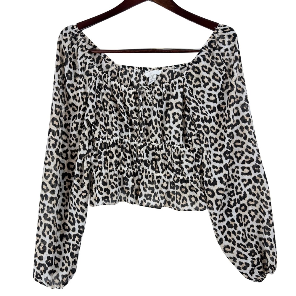 H&M Leopard Print Blouse Womens Medium Smocked Peplum Balloon Sleeve‎ Boho Chic